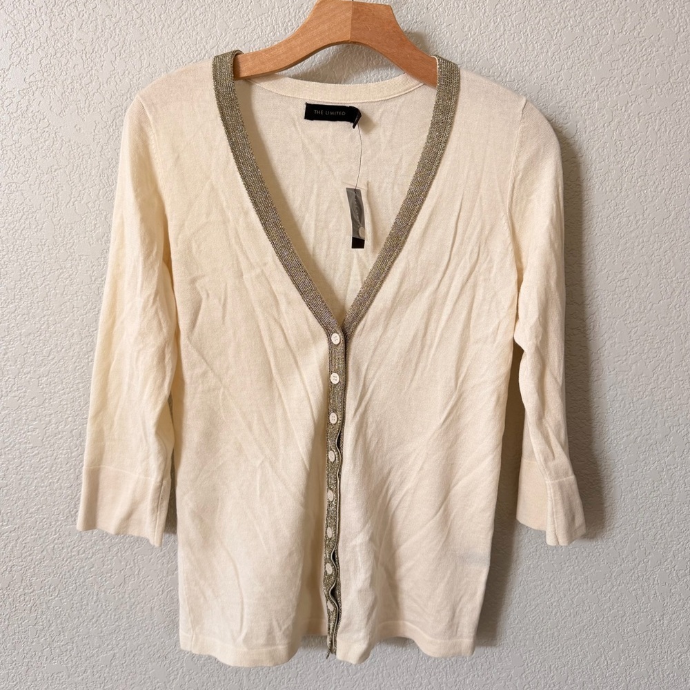 The Limited Cream w/ Gold Accent V-Neck Button 3/4 Sleeve Sweater Cardigan M